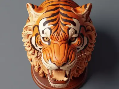 Roaring Tiger Head Sculpture Wooden Carving Swirling Patterns Low-poly 3D model