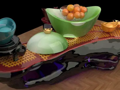Chinese gold Ingot and orange 3D model