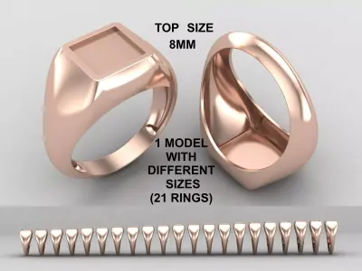 Square enamel Signet Ring Base 8MM top in All sizes 194-MWC  3D print model