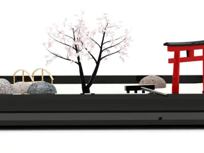 Miniature zen garden with gemstone tree torii and wooden bridge 3D model