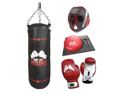 Boxing Equipment Punching Bag Boxing Gloves Headgear Ring Gong Low-poly 3D model