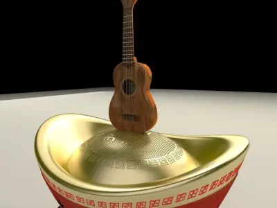 Chinese gold ingot with ukulele 3D model
