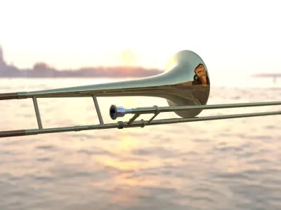 Gold Model trombone on water Low-poly 3D model