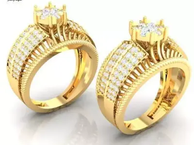 Triple Row Diamond Engagement Ring in Yellow Gold 3D print model