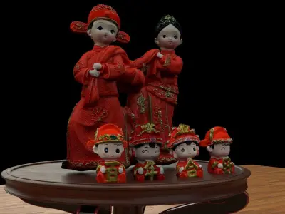 Chinese wedding doll collection with round display stand   3D model