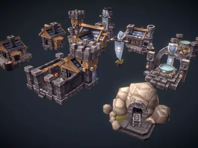 RTS Human Building Set - Low Poly Hand Painted Low-poly 3D model