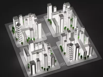 Paper City Block with Streets - Night Town Low-poly 3D model