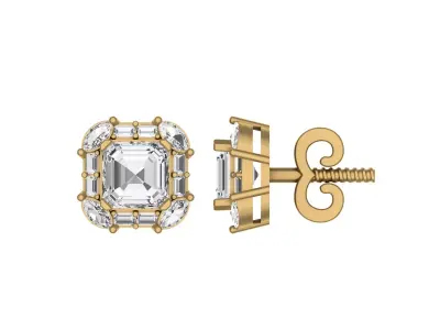 Asscher-Cut Diamond Halo Stud Earrings in Yellow Gold 3D print model