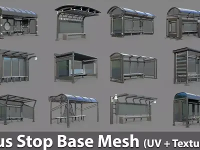 12 Bus Stop Base Mesh with UVs and Textures Vol 1 Low-poly 3D model