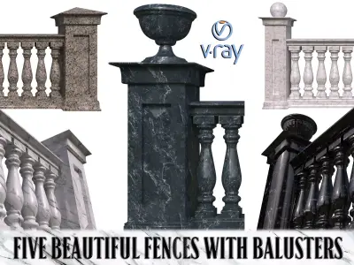 Five fences with balusters and columns 3D model