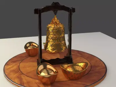 Chinese bell  with gold Ingot 3D model