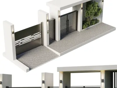 Door Outdoor entrance and fence and graden 07 Low-poly 3D model