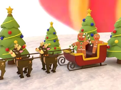Christmas sleigh With Deers And decoration Low-poly 3D model