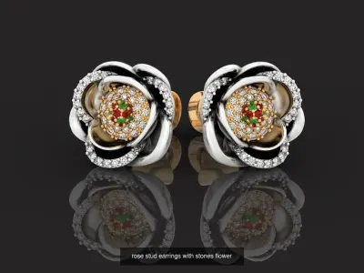 set  ring earrings cufflinks rose with stones 3D Model Pack