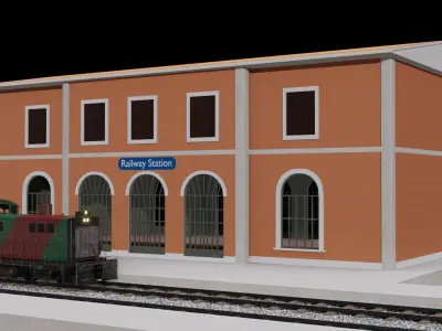 Railway station and diesel locomotive 3D models Low-poly 3D model