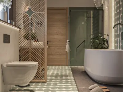 Bathroom modern with wooden floors and tiled walls 3D model