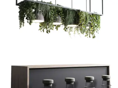 Coffee shop reception Restaurant counter by hanging plant  Low-poly 3D model