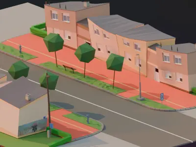 Street with stylized buildings  Free low-poly 3D model