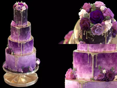 Luxury Wedding Cake with Flowers  Tiered Floral Purple  Gold Low-poly 3D model
