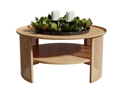 Homary 2-Tiered Japandi Round Wood Rattan Coffee Table        3D model