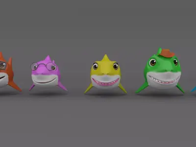 Shark family cartoon Low-poly 3D model