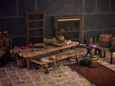 Stylized utensils potion bottles weapons boxes and bookshelves Low-poly 3D model
