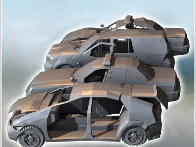 Set of four post-apocalyptic vehicles with a police car and vehi 3D print model
