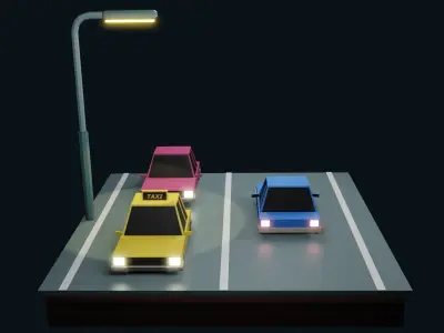 Low poly Car three colorful cars on street Low-poly 3D model