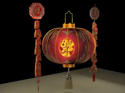 Chinese red lantern anf fire cracker 3D model