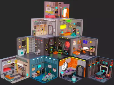 Low Polyt Sci-fi Rooms Interiors Low-poly 3D model