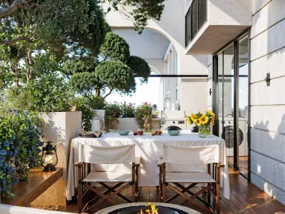 Modern Balcony Dining Space with Firepit and Greenery 047 3D model