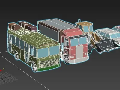 collection cars different colored and trucks Low-poly 3D model
