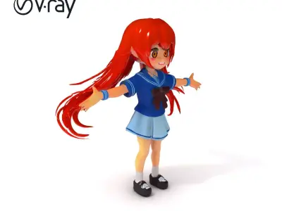 Anime Style Schoolgirl Character Flowing Hair and Bright Eyes Low-poly 3D model