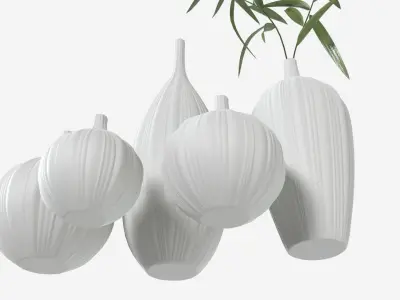 Ceramic white vase set with plants 3D model