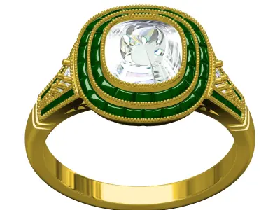 Cushion Stone Baguette Diamond Double Halo Art Deco Ring 3D print model