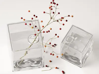 Square Glass Vase with berry branch home decor 3D model