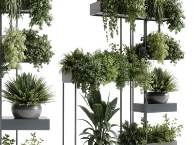 Standing metal shelf with a set of plants in wooden  586 Low-poly 3D model