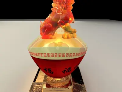 Chinese gold ingot with lion statue 3D model