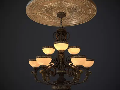 Chandelier nine lights with Ceiling medallion Low-poly 3D model