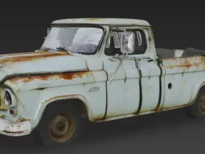 3D model of a scratched broken old rugged blue pickup truck 3D model