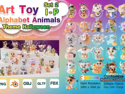 Art Toy Animal Set 2 I-P Halloween Character 3D model Low-poly 3D print model