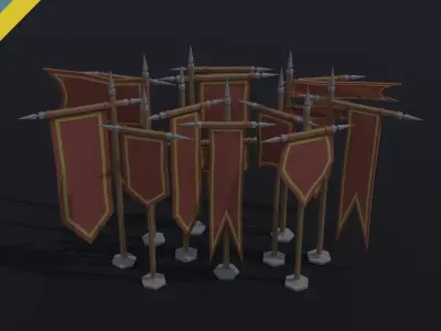 Cartoon medieval flags Polygonal Style Low-poly 3D model