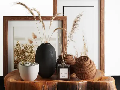 3dasset natural wood and wheat decorative set 3D model