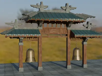 Chinese gate with bells Low-poly 3D model