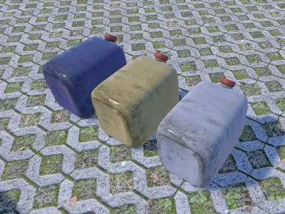 PBR Canisters three different colored water cans on sidewalk Low-poly 3D model