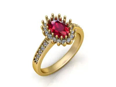 Luxurious Gold Ring with Oval Ruby and Diamond Halo Accent 3D model