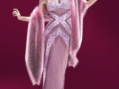 3D model pink twinkle dress with fur 3D model