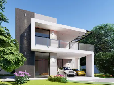 3D Home 3 modern house with two cars parked in front Free 3D model