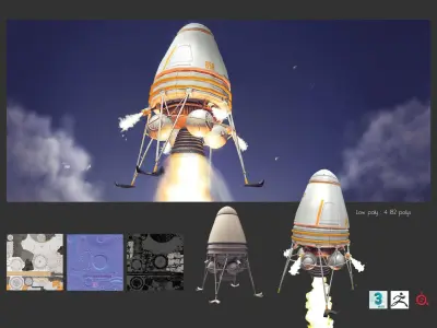 Low-poly Spaceship rocket taking off in sky Low-poly 3D model