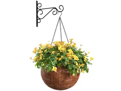 Hanging basket flowerpot rattan pot with flowers  3D model